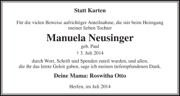 Anzeige von Manuela Neusinger von  Lokalanzeiger 
