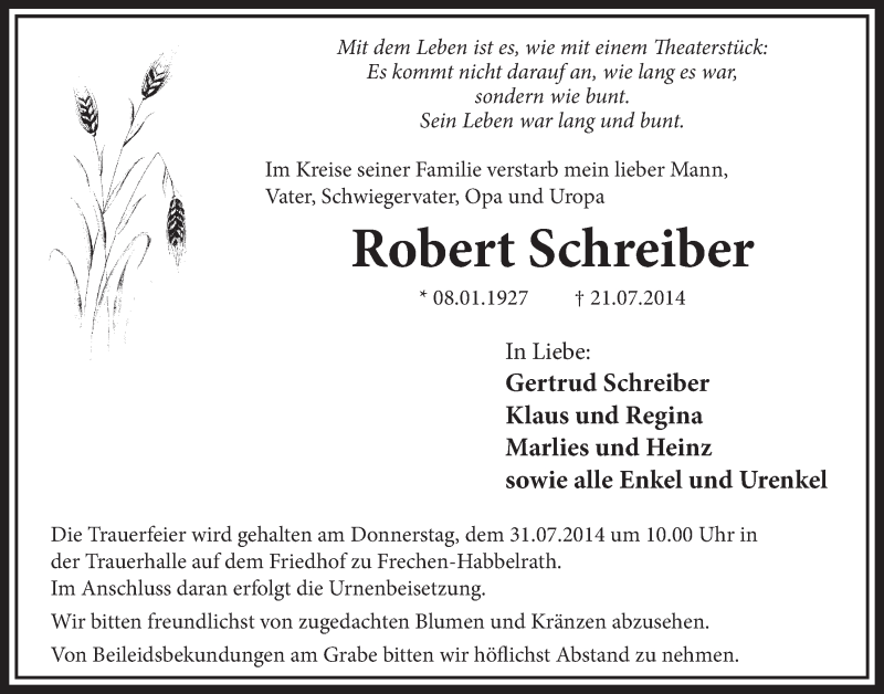  Traueranzeige für Robert Schreiber vom 26.07.2014 aus  Sonntags-Post 