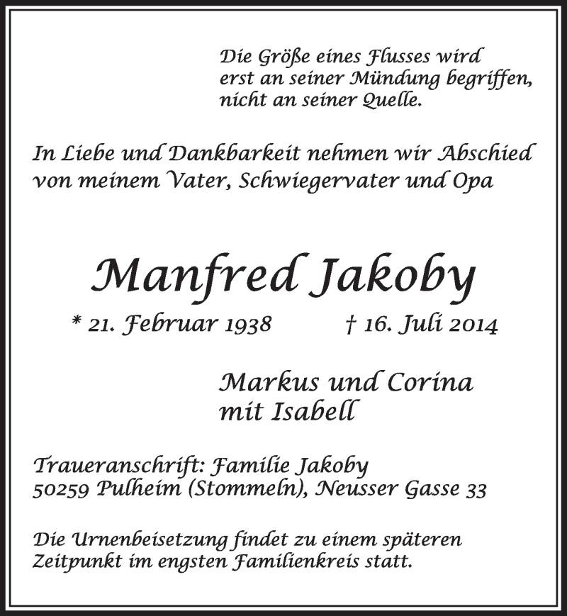  Traueranzeige für Manfred Jakoby vom 26.07.2014 aus  Sonntags-Post 