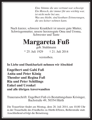 Anzeige von Margareta Fuß von  Sonntags-Post 