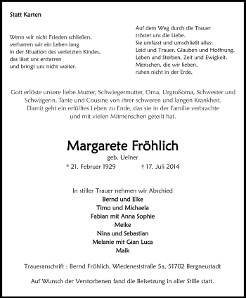 Anzeige von Margarete Fröhlich von  Anzeigen Echo 