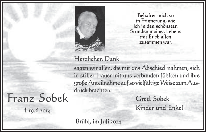  Traueranzeige für Franz Sobek vom 30.07.2014 aus  Schlossbote/Werbekurier 