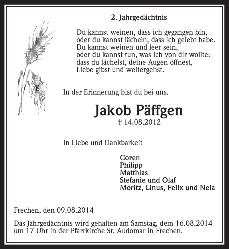  Traueranzeige für Jakob Päffgen vom 13.08.2014 aus  Wochenende 