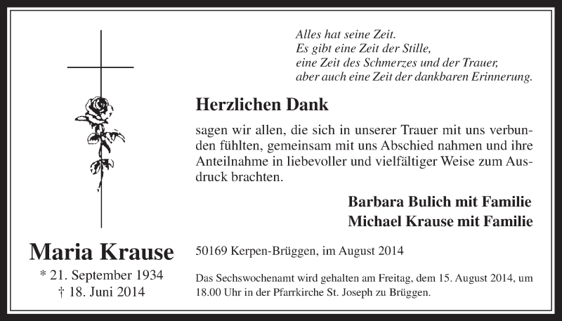  Traueranzeige für Maria Krause vom 13.08.2014 aus  Werbepost 