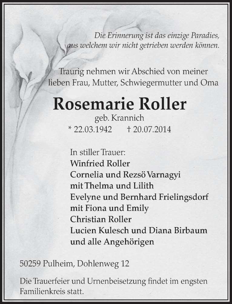  Traueranzeige für Rosemarie Roller vom 26.07.2014 aus  Sonntags-Post 