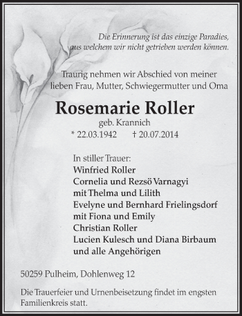 Anzeige von Rosemarie Roller von  Sonntags-Post 