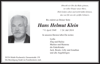 Anzeige von Hans Helmut Klein von  Wochenende 