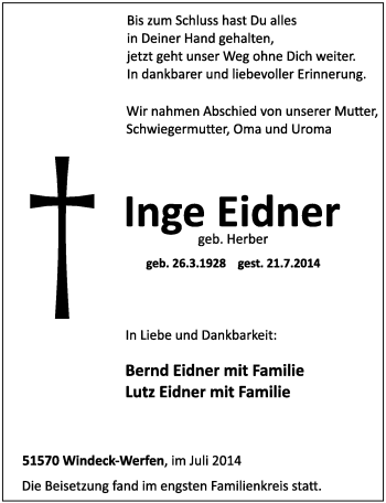 Anzeige von Inge Eidner von  Extra Blatt 