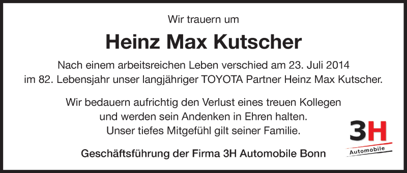  Traueranzeige für Heinz Max Kutscher vom 30.07.2014 aus  Bergisches Handelsblatt 