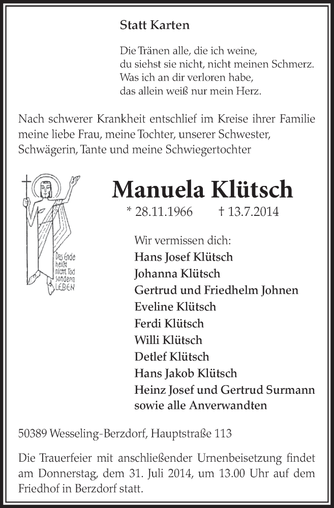  Traueranzeige für Manuela Klütsch vom 30.07.2014 aus  Schlossbote/Werbekurier 