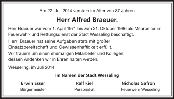 Anzeige von Alfred Braeuer von  Schlossbote/Werbekurier 