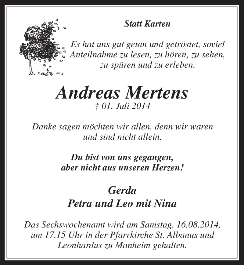  Traueranzeige für Andreas Mertens vom 13.08.2014 aus  Werbepost 