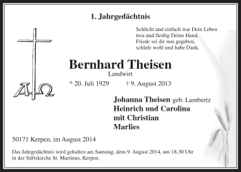 Anzeige von Bernhard Theisen von  Werbepost 