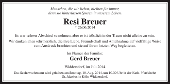 Anzeige von Resi Breuer von  Kölner Wochenspiegel 