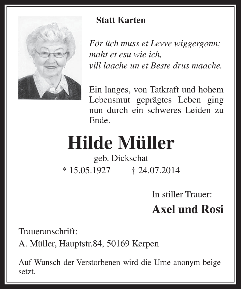 Traueranzeige für Hilde Müller vom 30.07.2014 aus  Werbepost 