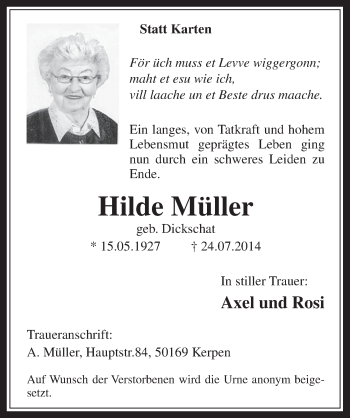 Anzeige von Hilde Müller von  Werbepost 