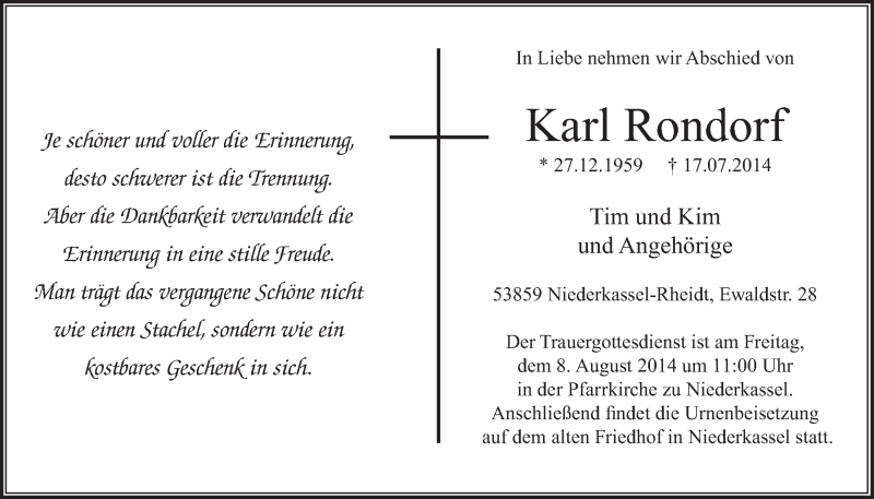  Traueranzeige für Karl Rondorf vom 30.07.2014 aus  Extra Blatt 
