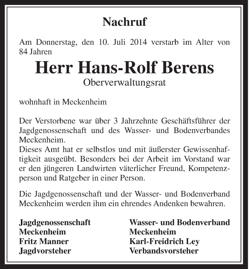  Traueranzeige für Hans-Rolf Berens vom 30.07.2014 aus  Schaufenster/Blickpunkt 