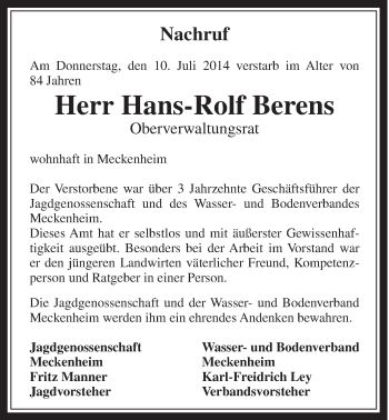Anzeige von Hans-Rolf Berens von  Schaufenster/Blickpunkt 