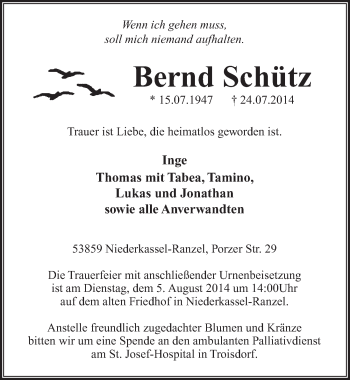 Anzeige von Bernd Schütz von  Extra Blatt 