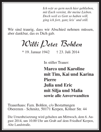 Anzeige von Willi Peter Bohlen von  Werbepost 