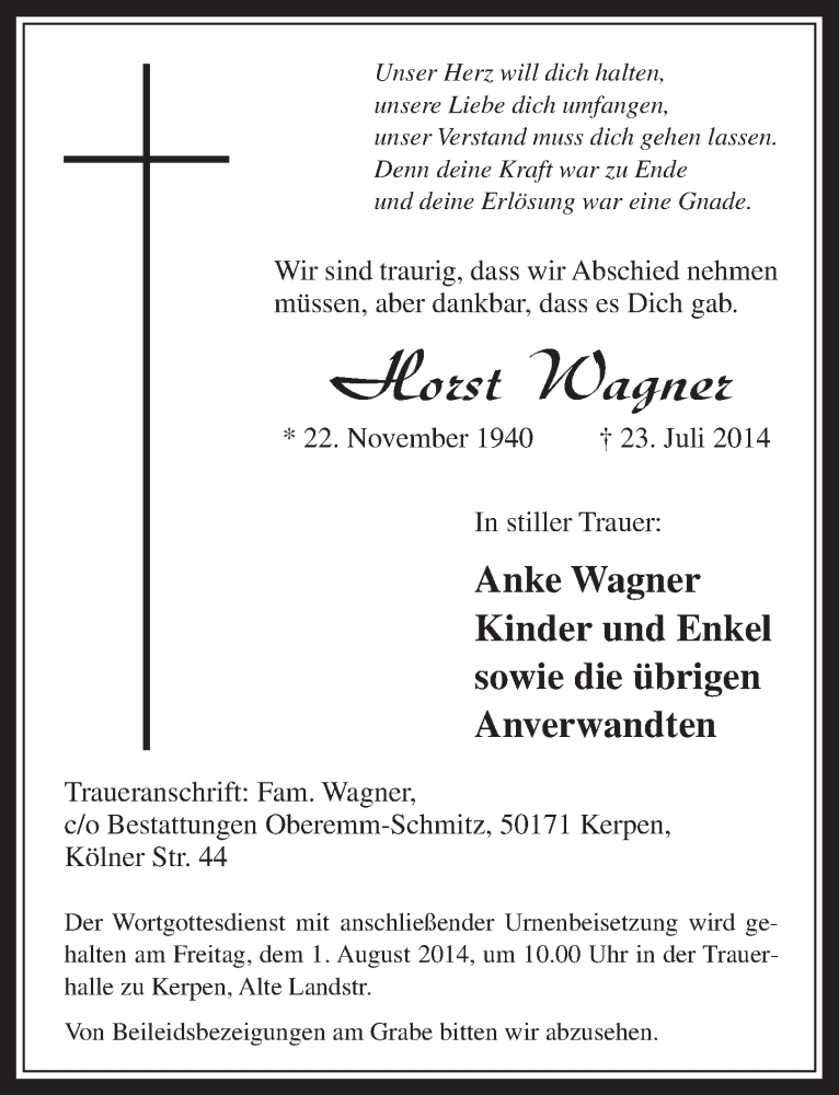 Traueranzeige für Horst Wagner vom 30.07.2014 aus  Werbepost 