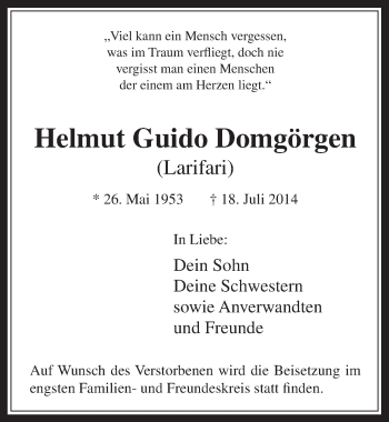 Anzeige von Helmut Guido Domgörgen von  Werbepost 