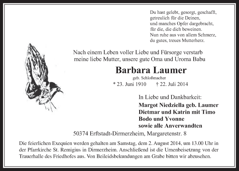  Traueranzeige für Barbara Laumer vom 30.07.2014 aus  Werbepost 