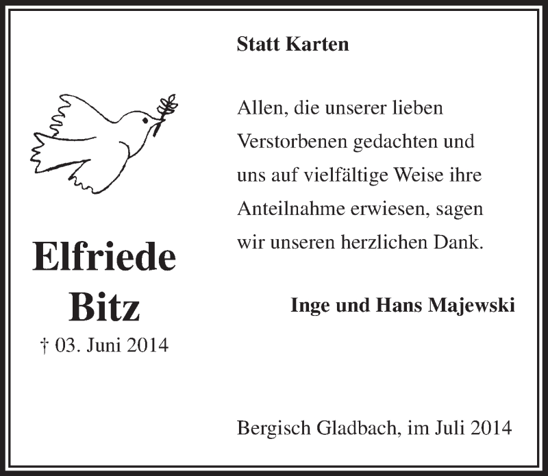  Traueranzeige für Elfriede Bitz vom 30.07.2014 aus  Bergisches Handelsblatt 