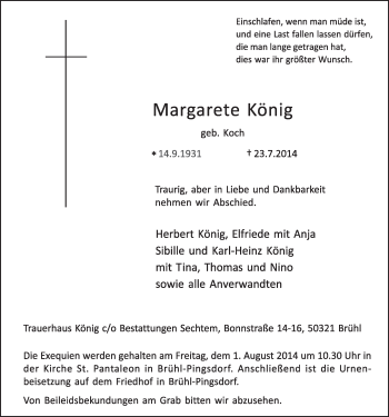 Anzeige von Margarete König von  Schlossbote/Werbekurier 