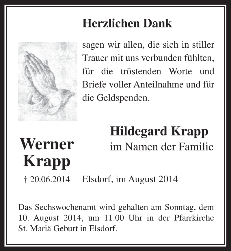  Traueranzeige für Werner Krapp vom 06.08.2014 aus  Werbepost 