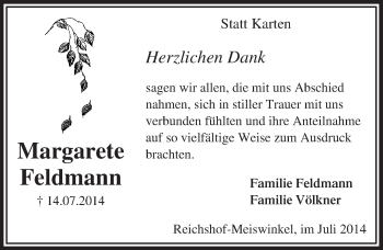 Anzeige von MargareteFeldmann Dank von  Lokalanzeiger 