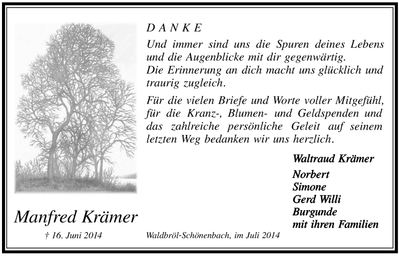  Traueranzeige für Manfred Krämer vom 30.07.2014 aus  Lokalanzeiger 