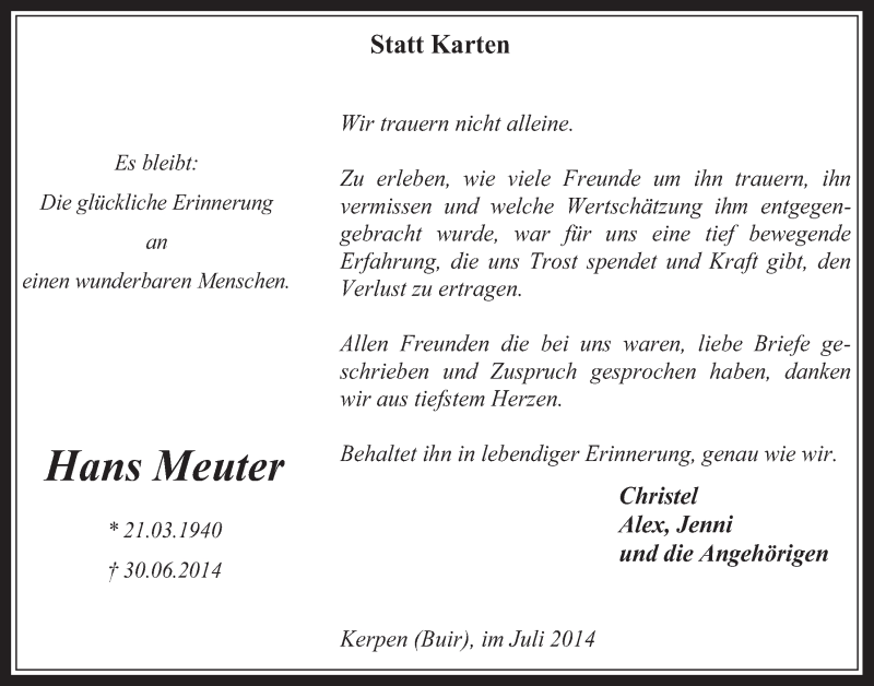 Traueranzeige für Hans Meuter vom 30.07.2014 aus  Werbepost 
