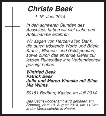 Anzeige von Christa Beek von  Werbepost 