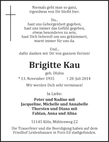 Anzeige von Brigitte Kau von  Kölner Wochenspiegel 
