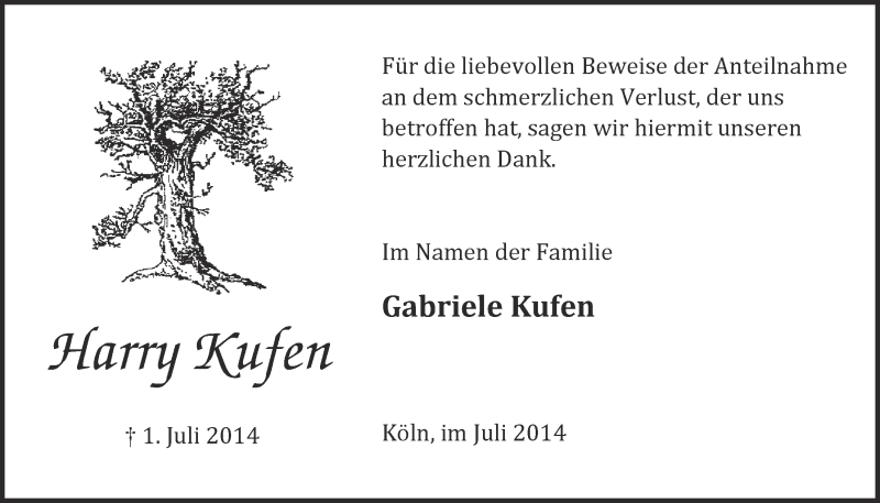  Traueranzeige für Harry Kufen vom 30.07.2014 aus  Kölner Wochenspiegel 