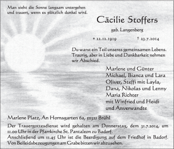 Anzeige von Cäcilie Stoffers von  Schlossbote/Werbekurier 
