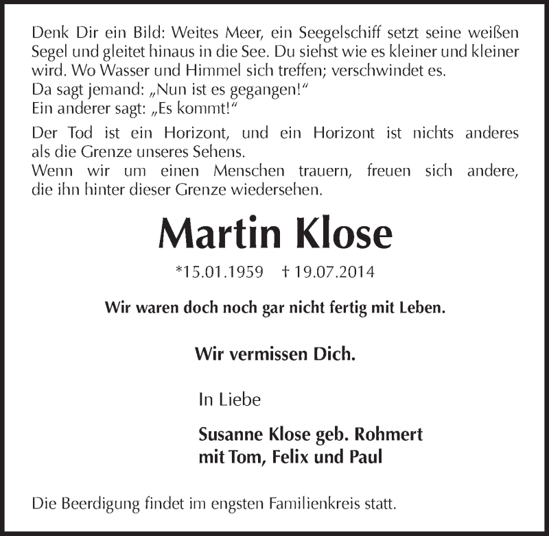 Traueranzeige für Martin Klose vom 30.07.2014 aus  Bergisches Handelsblatt  Anzeigen Echo 