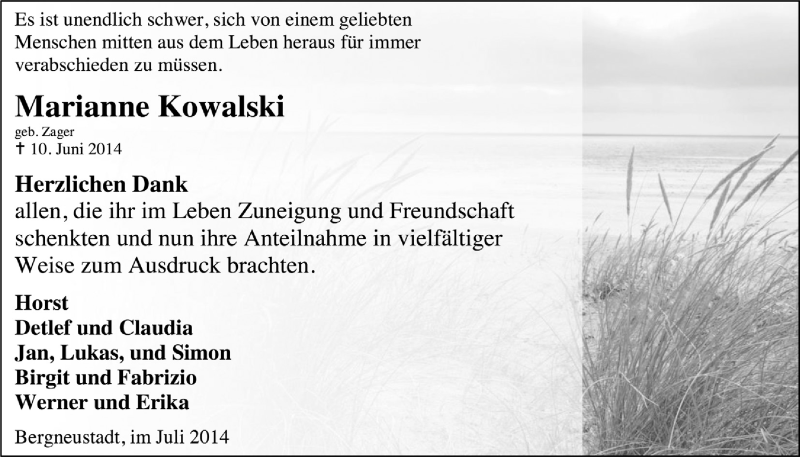  Traueranzeige für Marianne Kowalski vom 30.07.2014 aus  Anzeigen Echo 