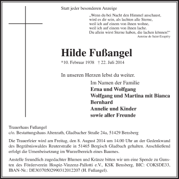 Anzeige von Hilde Fußangel von  Bergisches Handelsblatt 