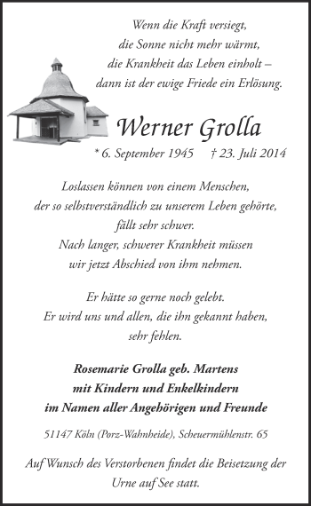 Anzeige von Werner Grolla von  Kölner Wochenspiegel 