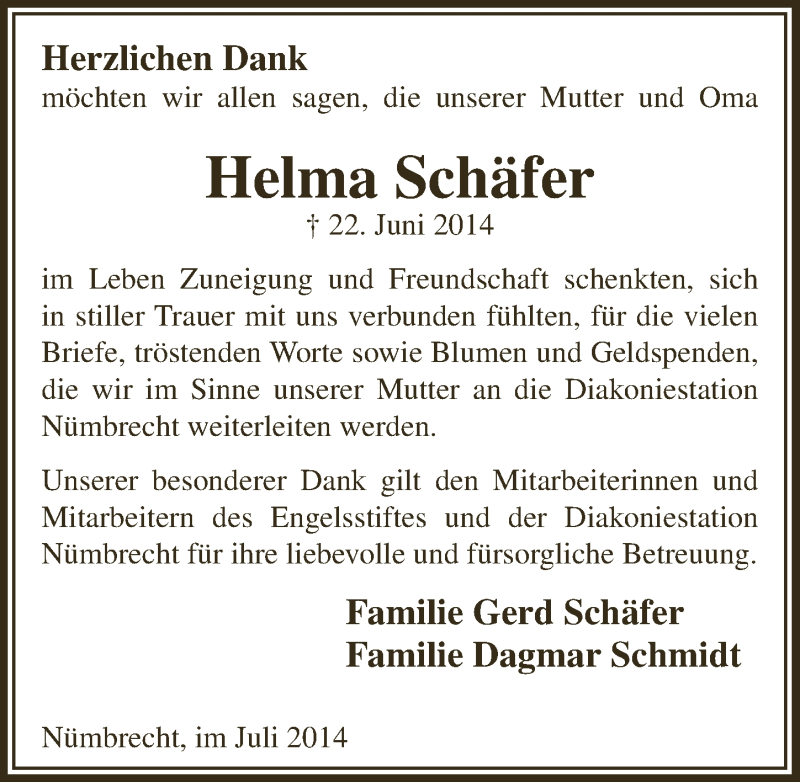  Traueranzeige für Helma Schäfer vom 30.07.2014 aus  Lokalanzeiger 