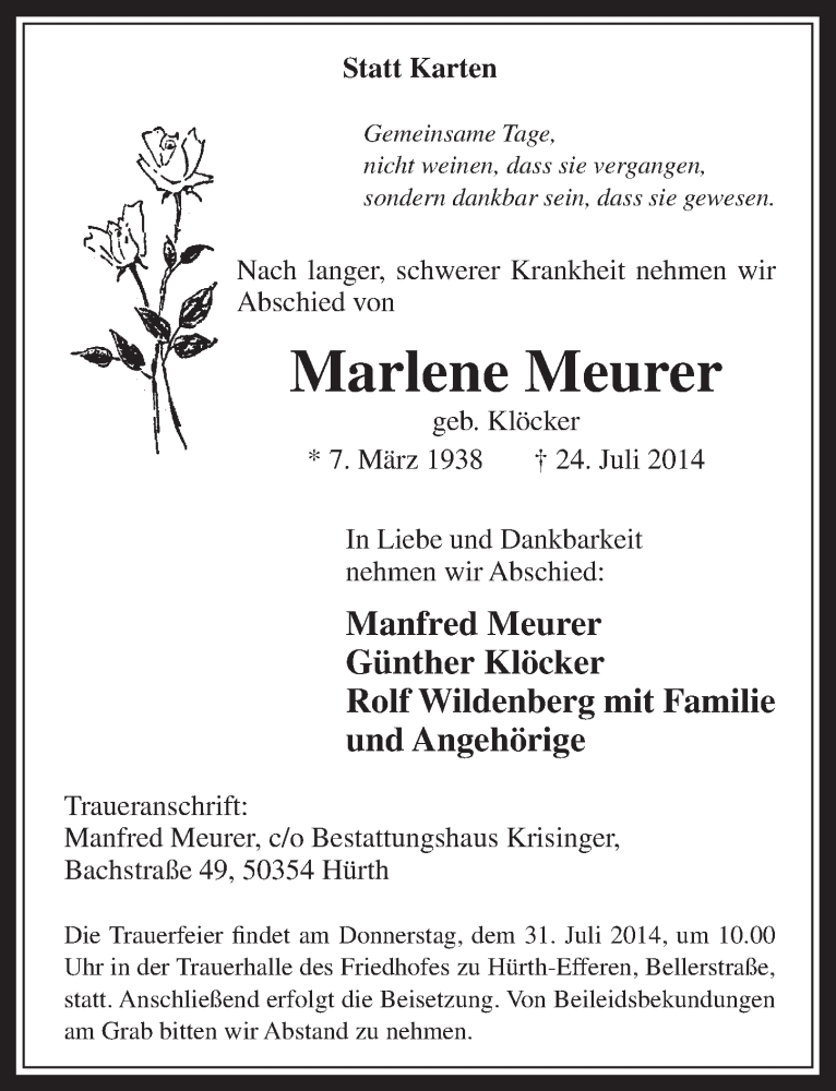  Traueranzeige für Marlene Meurer vom 30.07.2014 aus  Wochenende 