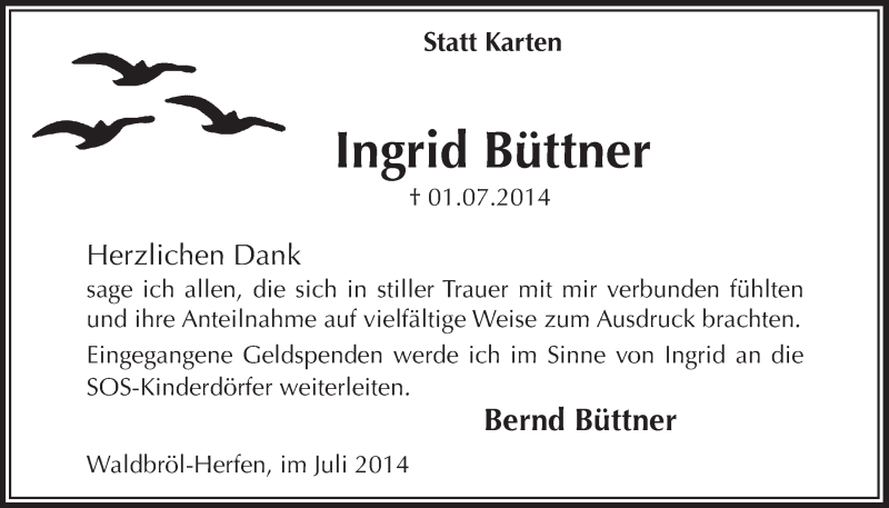  Traueranzeige für Ingrid Büttner vom 30.07.2014 aus  Lokalanzeiger 