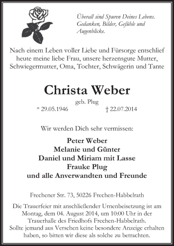 Anzeige von Christa Weber von  Wochenende 
