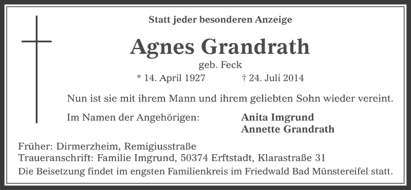  Traueranzeige für Agnes Grandrath vom 30.07.2014 aus  Werbepost 