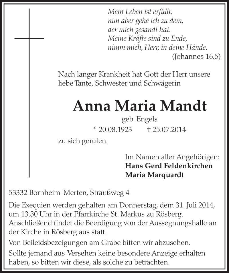  Traueranzeige für Anna Maria Mandt vom 30.07.2014 aus  Schlossbote/Werbekurier 