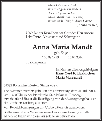 Anzeige von Anna Maria Mandt von  Schlossbote/Werbekurier 