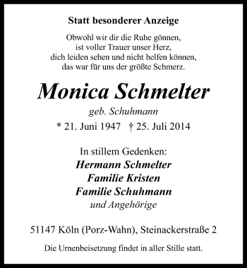Anzeige von Monica Schmelter von  Kölner Wochenspiegel 